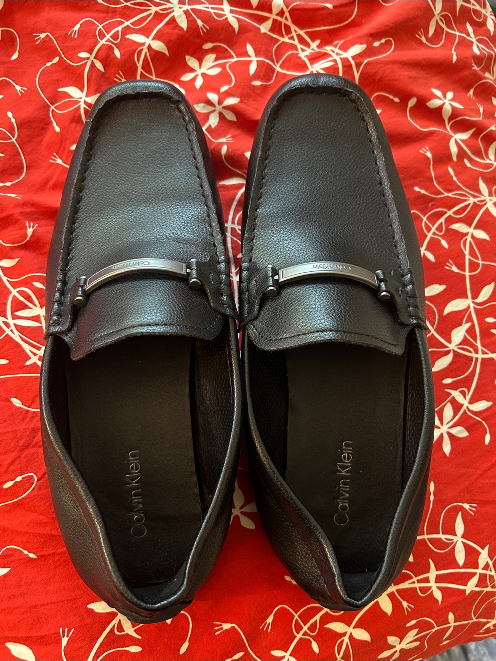 Calvin Klein Men's Black Leather Slip-On Loafers with Silver Bit